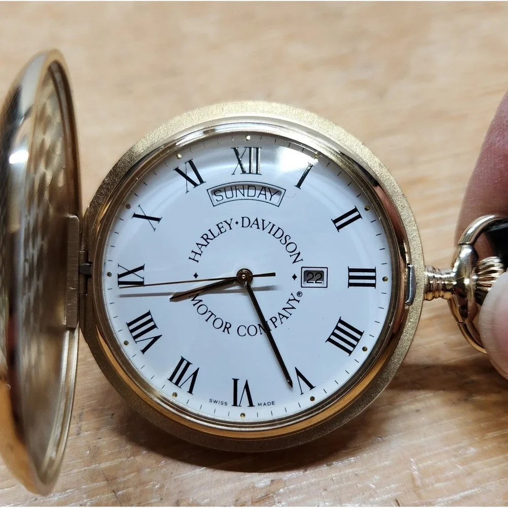 Harley-Davidson Swiss Made Pocket Watch Day Date Gold Tone Limited Ed 3663/5000